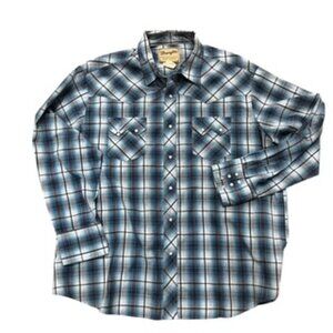Wrangler‎ Blue Plaid Long Sleeve Western Pearl Snap Mens Size XXL